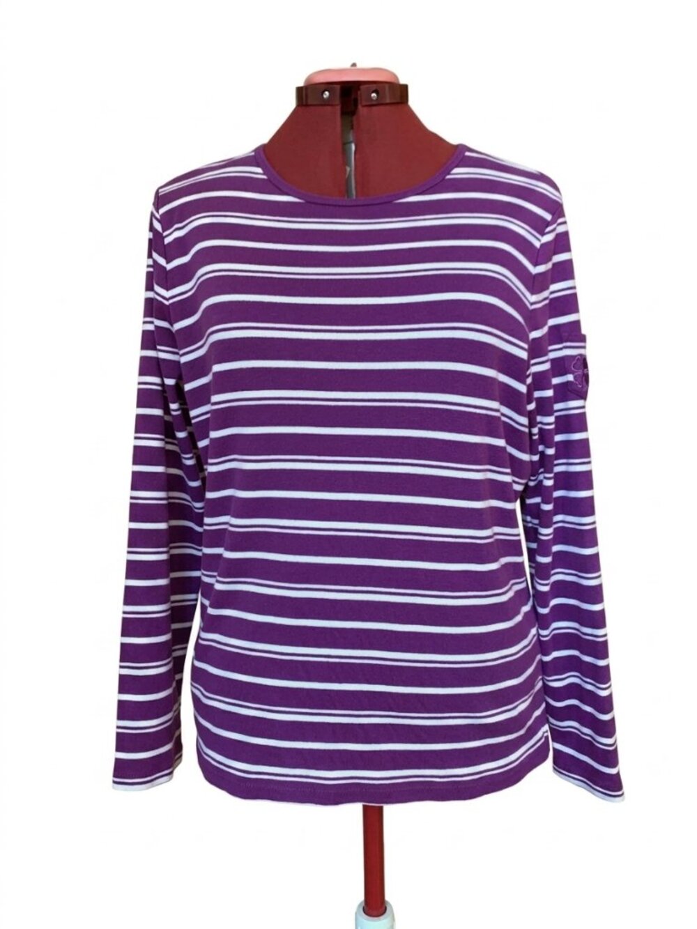 Liz Claiborne - Striped Long-Sleeve Crewneck Top Tee - Purple & White - XL